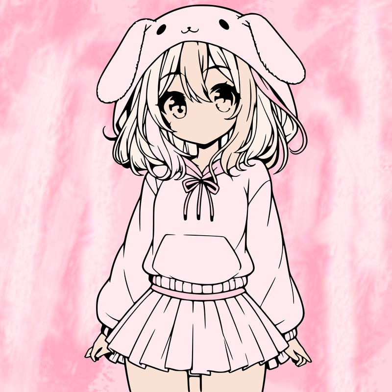 pretty anime girl wearing a fluffy hoodie with bunny ears on the hood and a skirt