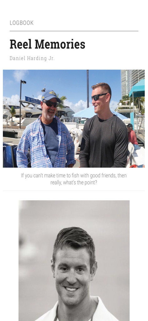 Um artigo de revista digital intitulado Reel Memories com dois homens em uma marina com iates ao fundo.