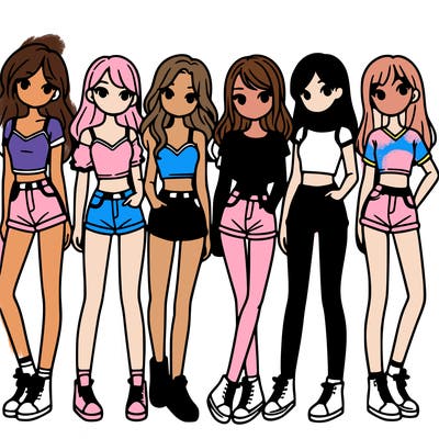 a group of girls wearing crop tops and shorts
