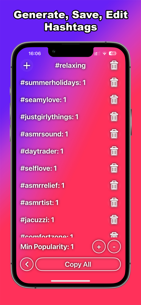 Interface do gerador de hashtags do Instagram mostrando uma lista de hashtags populares e ferramentas para salvar e editar