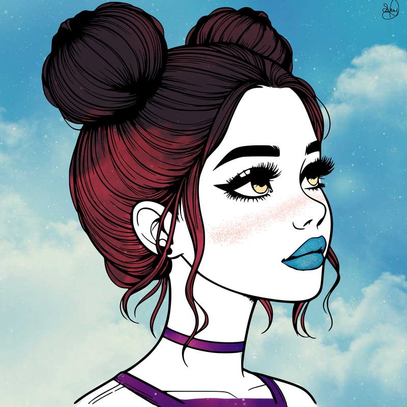 realistic girl with buns on the top of her head