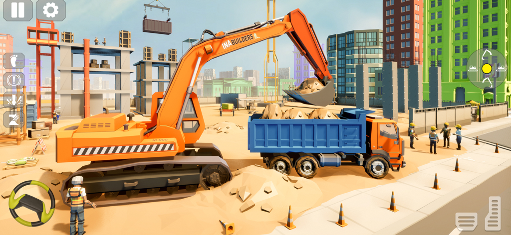Builder City Construction 3D - Excavadora naranja cargando tierra en un volquete azul en una obra 3D