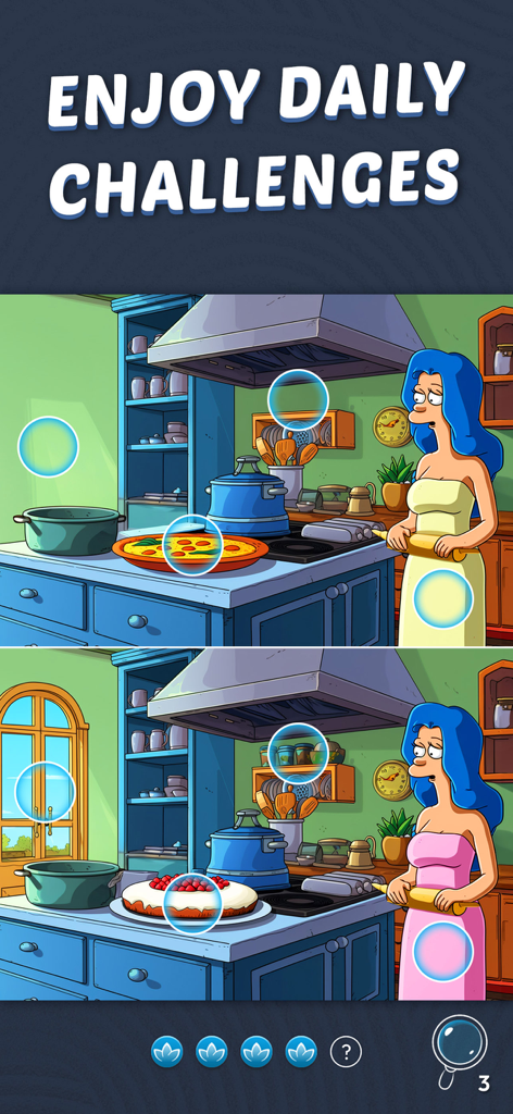 Find & spot the difference - Bildschirm für die tägliche Herausforderung des Spiels 'Finde und entdecke den Unterschied' mit einer Cartoon-Küche.