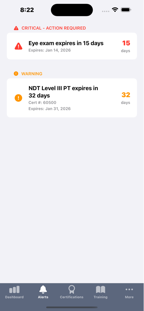 Alerts screen in My Certification Tracker showing upcoming certification and exam expiration dates.