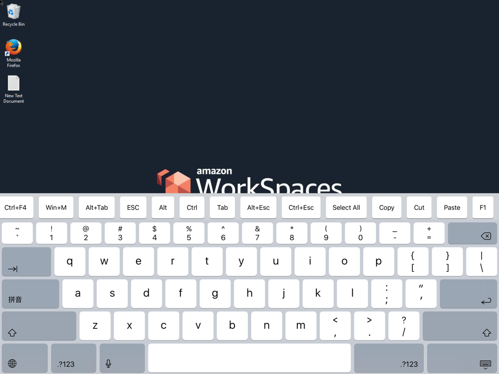 Amazon WorkSpaces virtual desktop interface on iPad featuring a specialized on-screen keyboard with productivity shortcuts