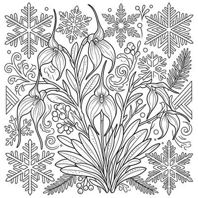 Discover the unique beauty of Masdevallia orchids intertwined with the serene charm of a winter wonderland. This exquisite coloring page invites you to bring frosty florals and delicate snowflakes to life with your chosen palette.