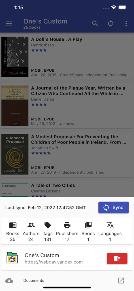 Calibre Sync - Calibre Sync mobile app showing a list of ebooks and library synchronization statistics