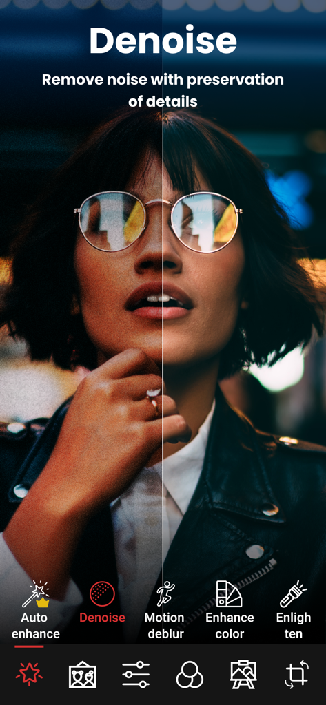 Enhance it - AI Photo Editor - Una comparación en pantalla dividida que muestra un retrato antes y después de usar la herramienta de eliminación de ruido con IA para eliminar el grano y el ruido mientras se preservan los detalles.