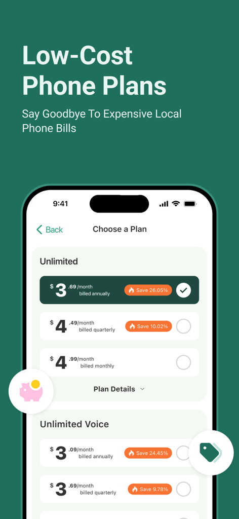 WeTalk app interface showing various low-cost unlimited phone and voice plan subscription options