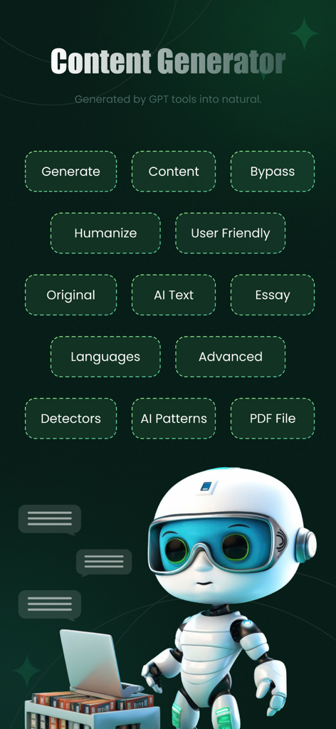 Écran de l'application Undetect AI montrant les fonctionnalités d'humanisation et un robot à un ordinateur portable sur une pile de livres.