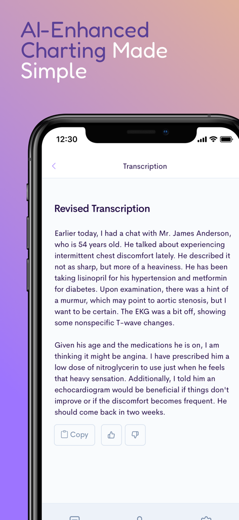 Assistant Dr. - Medical Scribe - Assistant Dr app screen showing an AI-enhanced medical transcription for a patient encounter