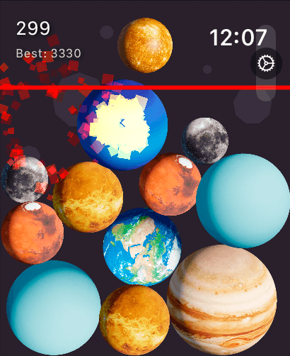 Merge Sun Master for watch - Gameplay of Merge Sun Master for Apple Watch showing planets merging to reach the sun