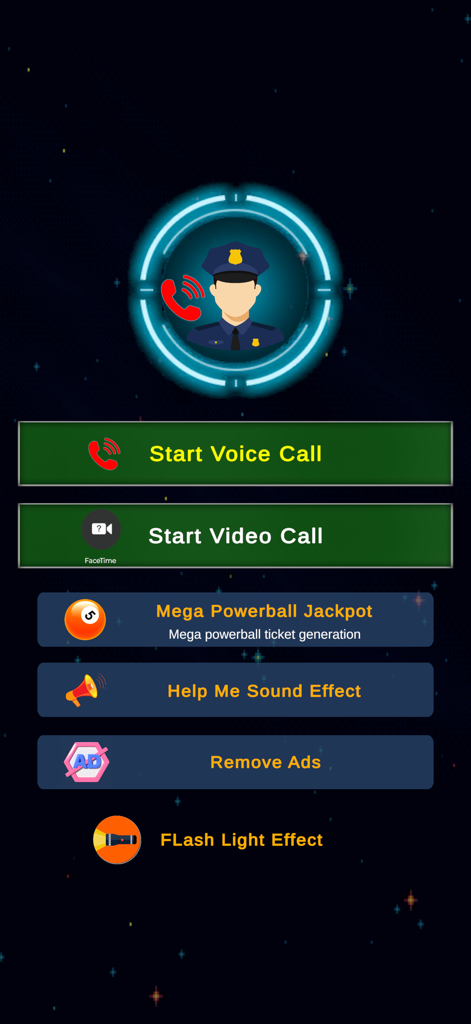 Fake Police Video Call - Main menu of the Fake Police Video Call app showing prank call and safety features