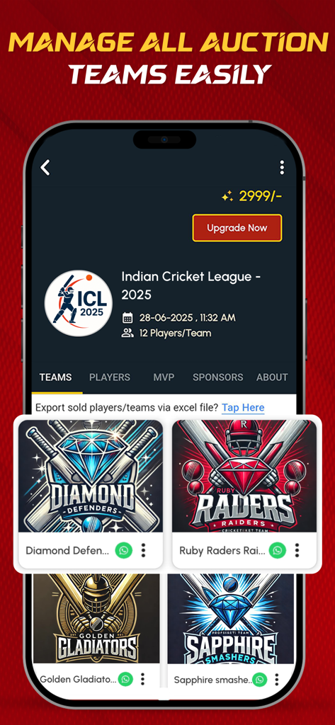 CricAuction - Cricket Auction - CricAuction app interface showing a list of cricket teams with custom logos and tournament details.