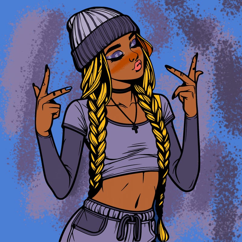 realistic teenage girl with braids and a beanie and crop top doing 🫶🏼