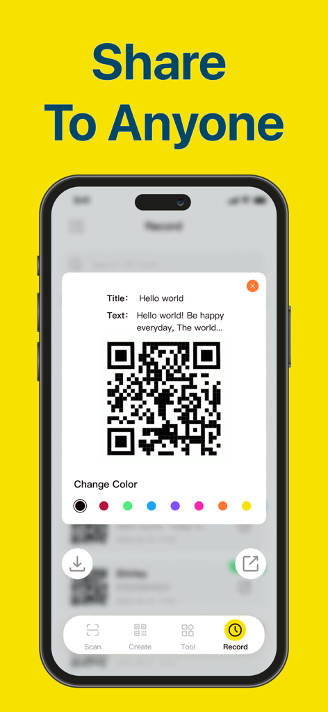 QR Code Reader & Barcode · - A smartphone screen displaying a QR code generator with customizable color options for sharing data