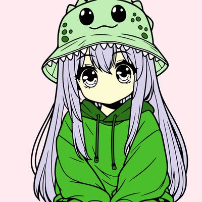 girl with anime shaped eyes with a dinosaur bucket hat oversized sweatshirt long straight hair