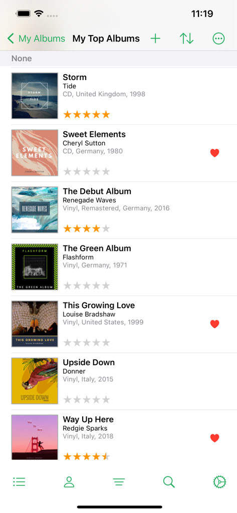 Interface de l'application MusicBuddy montrant une liste d'albums vinyles et CD avec des notes et des favoris
