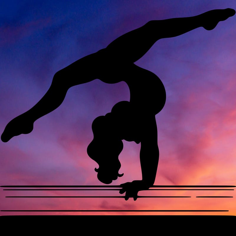 gymnast doing split handstand on a beam