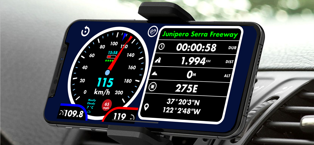 Speedometer •• - Teléfono inteligente montado en el salpicadero de un coche mostrando la interfaz de la aplicación Speedometer con velocidad digital y datos GPS