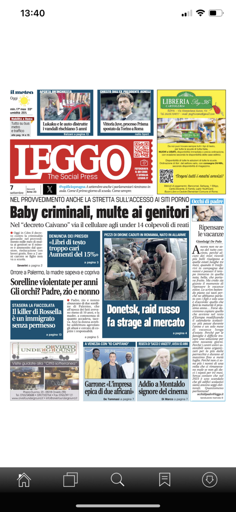 Une capture d'écran mobile de l'application Leggo Digital affichant la première page du quotidien italien avec les gros titres et les articles d'actualité.
