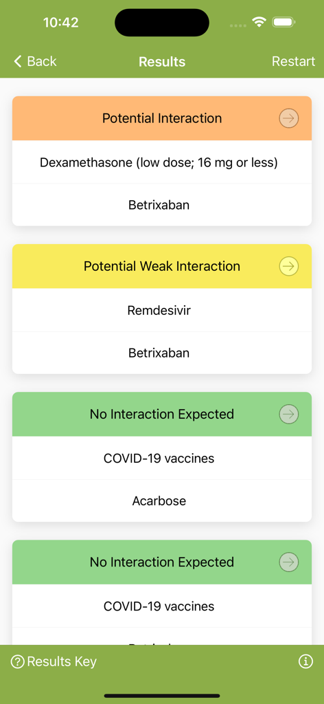 COVID-19 iChart - Interface of the COVID-19 iChart app displaying color-coded drug interaction results for healthcare professionals.