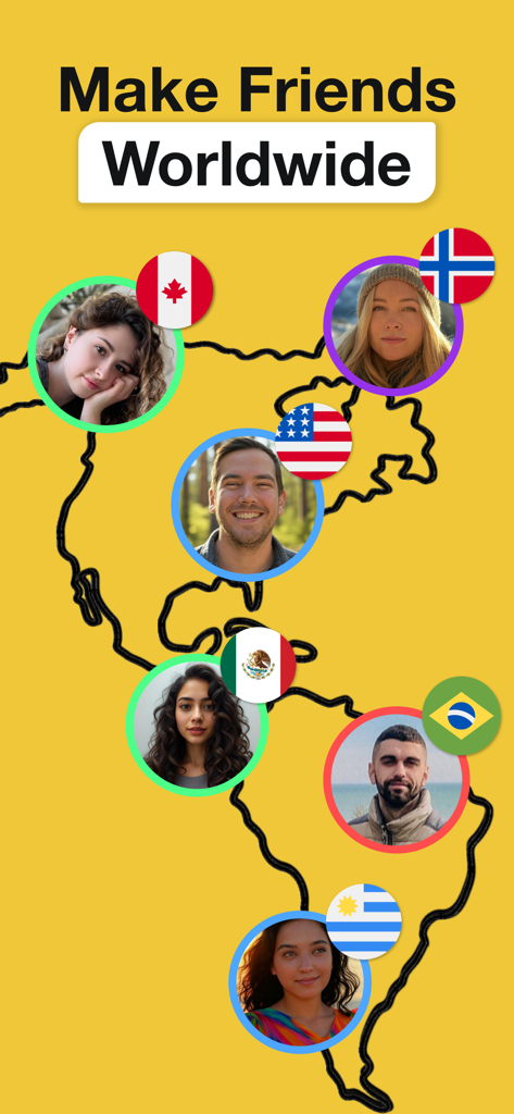 Interracial Dating – 4Meet - A world map interface showing profile pictures of diverse people from different countries with the heading Make Friends Worldwide.