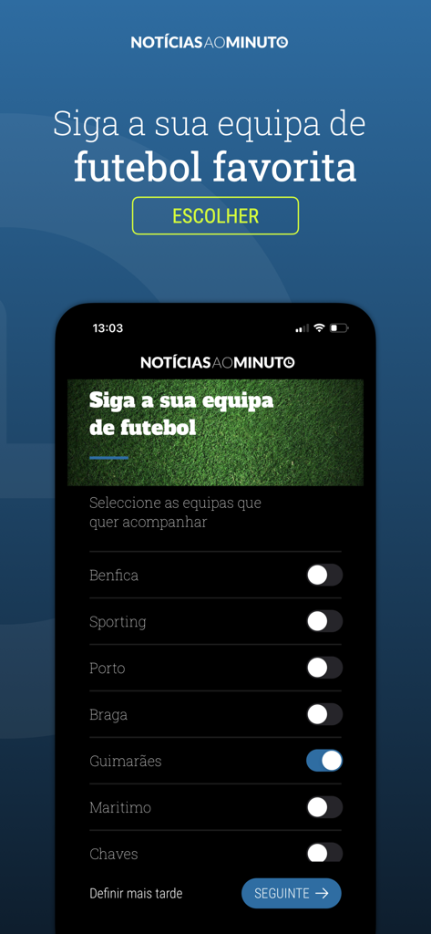 Ecrã de seleção para seguir as equipas de futebol portuguesas favoritas na app Notícias ao Minuto.
