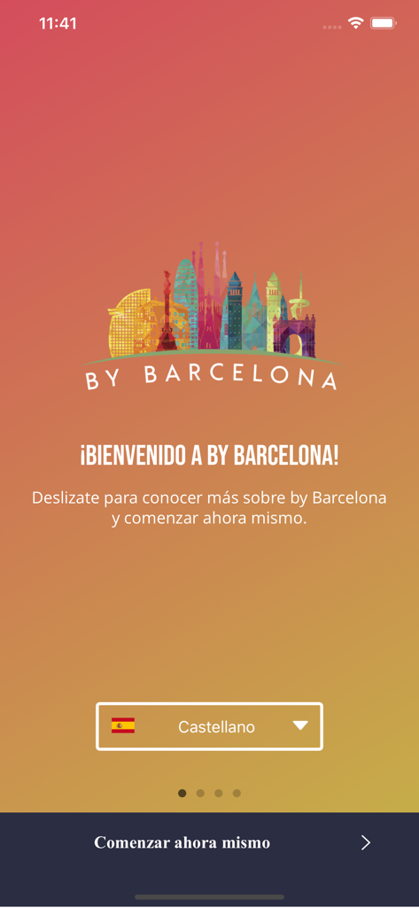 by Barcelona - Pantalla de bienvenida de la aplicación by Barcelona con ilustración del horizonte de la ciudad