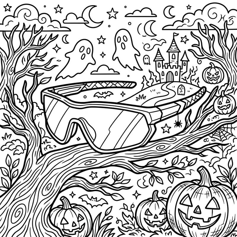 Get ready for a unique Halloween coloring experience with this thrilling sports eyewear design. Immerse yourself in a festive scene filled with pumpkins, ghosts, and a haunted castle, perfect for adding your personal artistic flair.