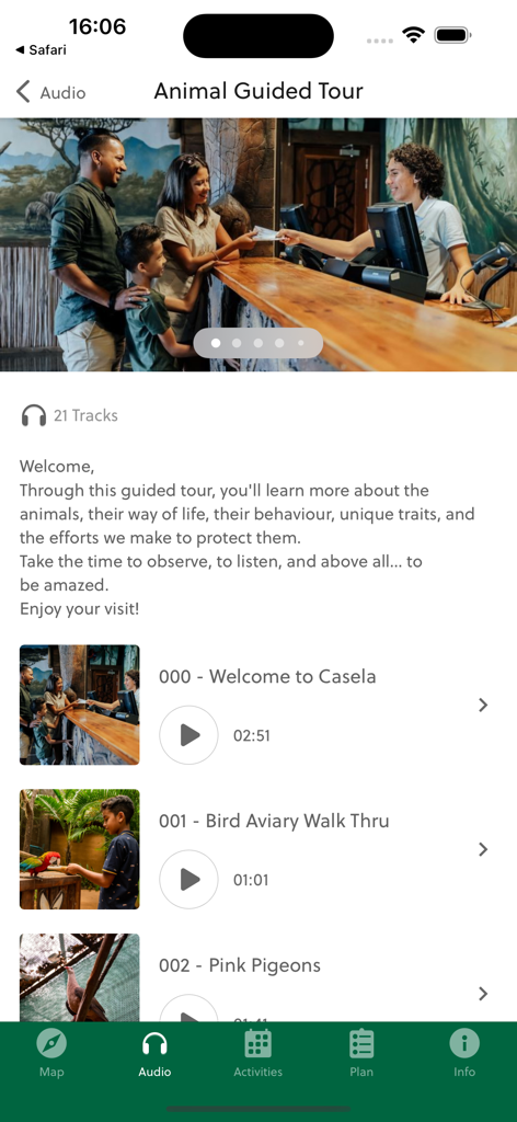 カセラアプリの動物ガイドツアーオーディオインターフェース。自然公園のサウンドトラックのリストが表示されています。