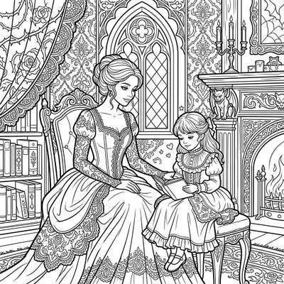 Step into a world of Victorian charm and mysterious elegance with this enchanting Gothic parent and child coloring page. Featuring a mother and daughter sharing a quiet moment, it's a perfect blend of family warmth and intricate design.