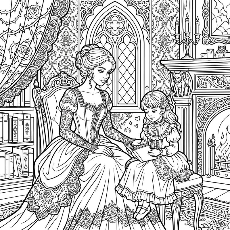 Step into a world of Victorian charm and mysterious elegance with this enchanting Gothic parent and child coloring page. Featuring a mother and daughter sharing a quiet moment, it's a perfect blend of family warmth and intricate design.