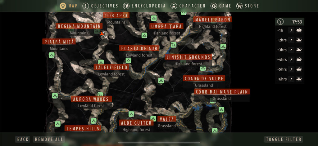In-game map interface of Way of the Hunter Wild Europe showing various hunting grounds and weather forecasts