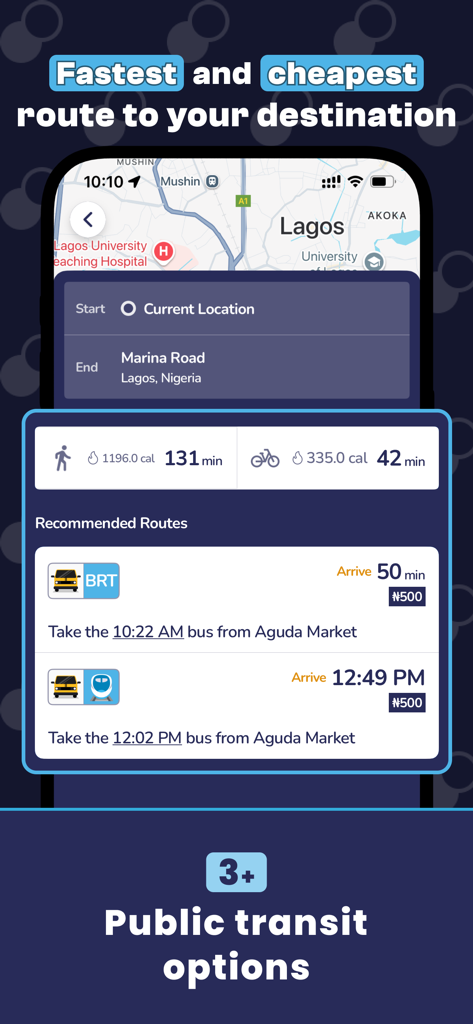 OrnaMap: Lagos Transport App - OrnaMap app interface showing route options in Lagos with estimated times costs and health metrics for walking and cycling