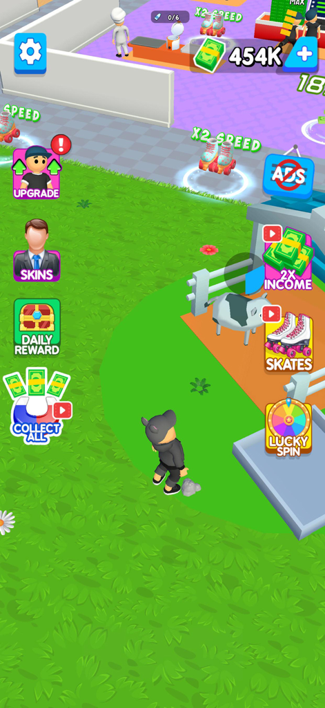 Mini Supermarket Grocery Shop - Captura de pantalla del gameplay de Mini Supermarket Grocery Shop mostrando un personaje e iconos de mejora.