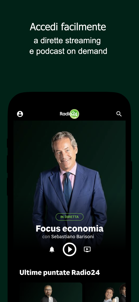 Radio 24 app interface showing the live broadcast of Focus Economia with Sebastiano Barisoni