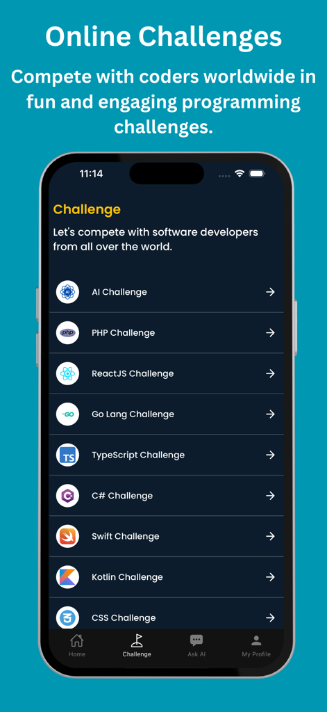 CoddyKit: Learn Coding with AI - CoddyKit app screen showing a list of online programming challenges for languages like Swift, Kotlin, and ReactJS to compete with coders worldwide