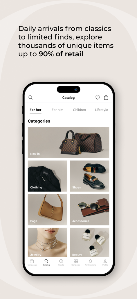 OSKELLY: Your Luxury Shopping - Pantalla del catálogo de la aplicación OSKELLY mostrando categorías de moda de lujo como bolsos, zapatos y joyería