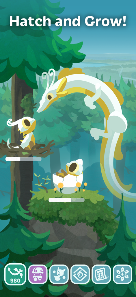 A large white and yellow dragon nurturing a baby dragon and a hatching egg in an enchanted forest.