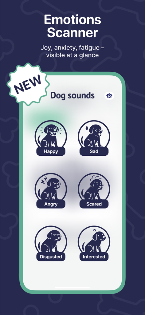 Interface of the Woofi Dog Translator app showing the Emotions Scanner feature with icons for happy, sad, angry, and scared dog sounds.
