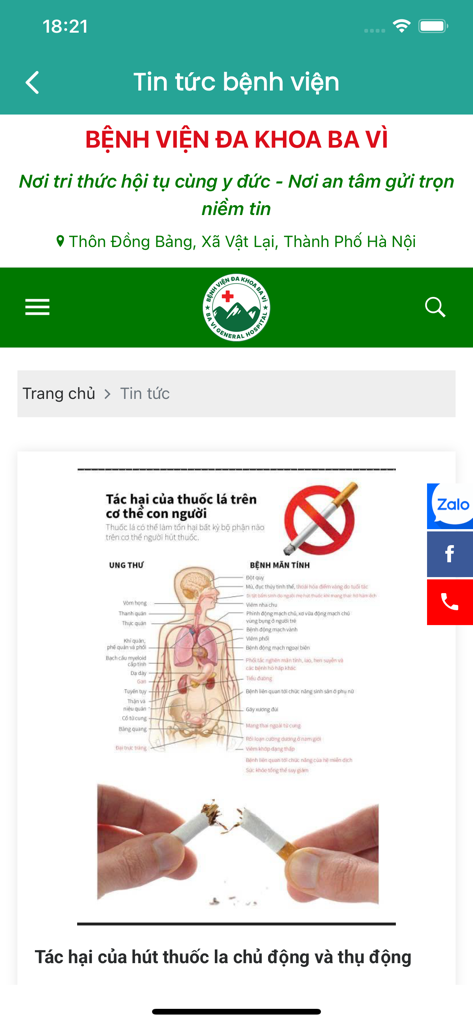 Bệnh viện Đa Khoa Ba Vì - Educational health graphic about the harmful effects of smoking on the human body inside the Ba Vi General Hospital app