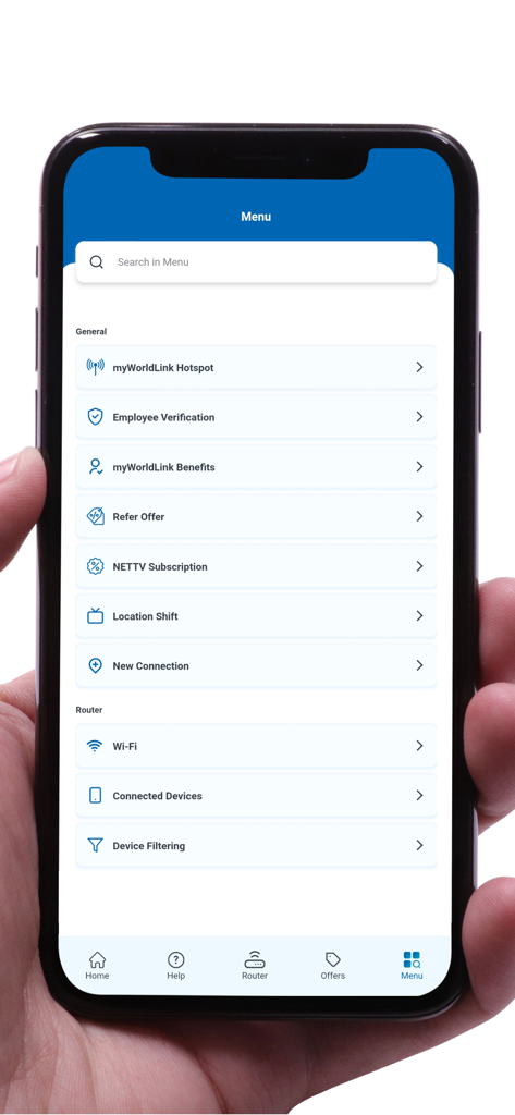 myWorldLink - Navigation menu in the myWorldLink application showing router and general service options.