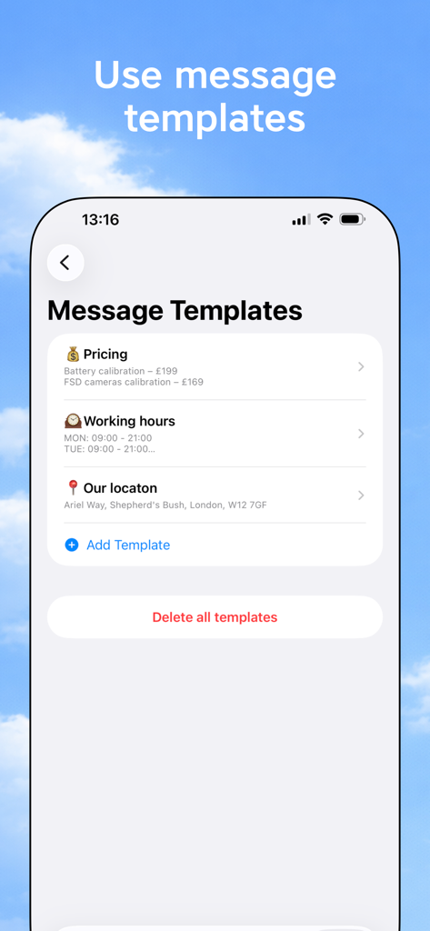 QuickChat: communicate faster - QuickChat app screenshot showing customizable message templates for quick business replies
