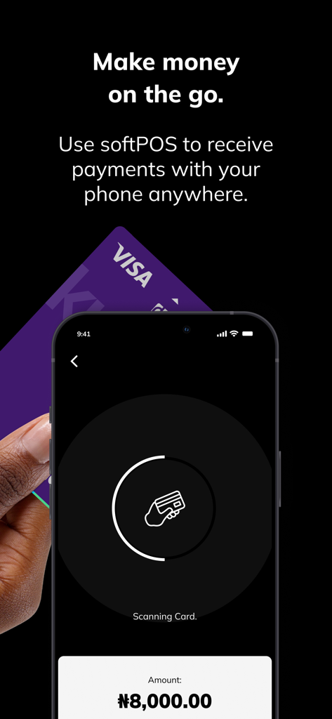 A smartphone using Kuda Business softPOS to scan a Visa card for a payment of eight thousand Naira.