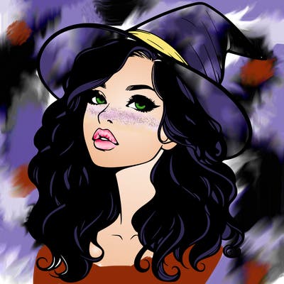 realistic witch girl with wavy hair and lips