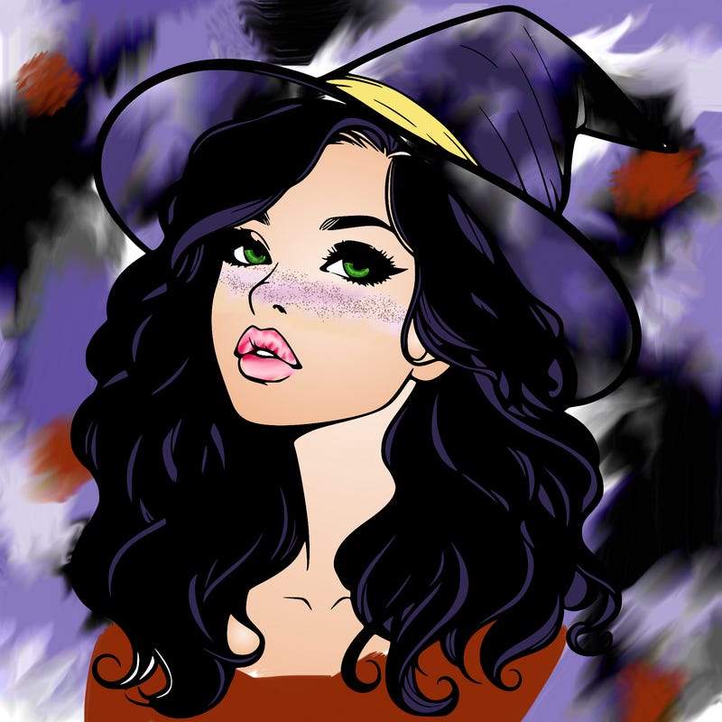 realistic witch girl with wavy hair and lips
