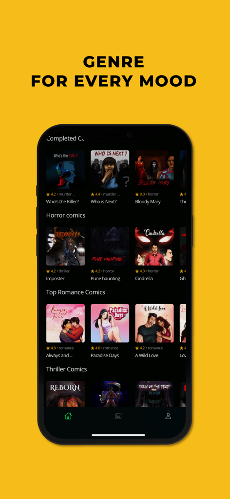 Pratilipi Comics - Interfaz de la aplicación Pratilipi Comics que muestra varios géneros de historias como terror, romance y thriller.