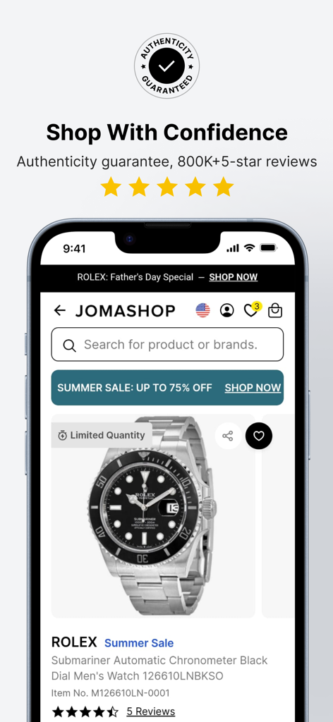 Jomashop - Designer Shopping - Smartphone screen displaying the Jomashop app interface with a Rolex watch and an authenticity guarantee badge.