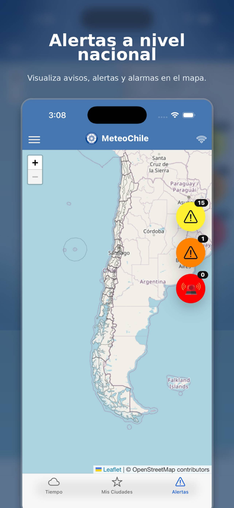 MeteoChile - MeteoChile 앱의 공식 날씨 경보 및 주의보를 보여주는 칠레 지도
